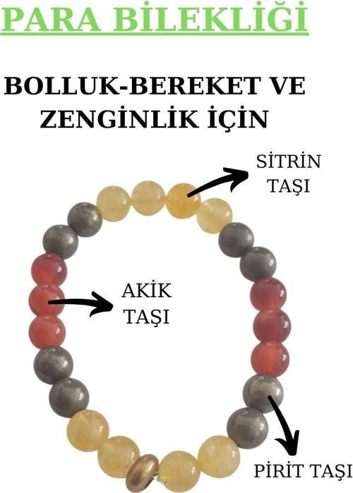 Para Bereket Ve Zenginlik Doğal Taş Tılsım Bilekliği Pirit, Sitrin, Akik Taşı Doğal Taş Bileklik