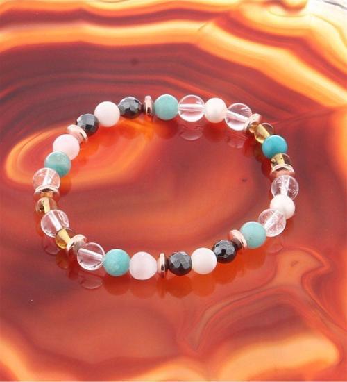 Özel Tasarım Doğal Taş Bileklik 6 Mm İnci, Rutilli Kuvars, Hematit, Kehribar, Amazonit
