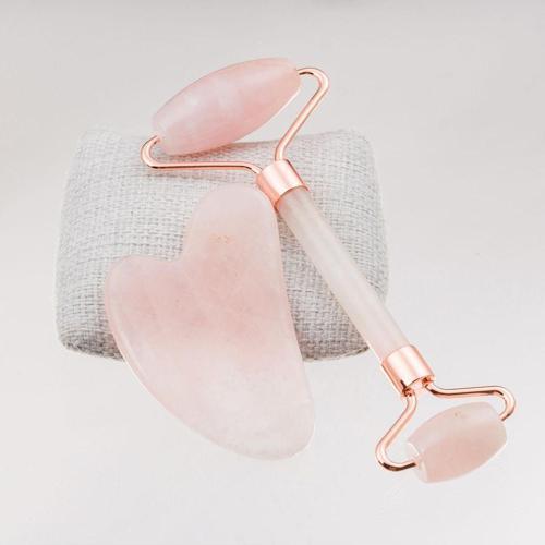 Pembe Kuvars Taşı Masaj Seti-Roller Ve Gua Sha