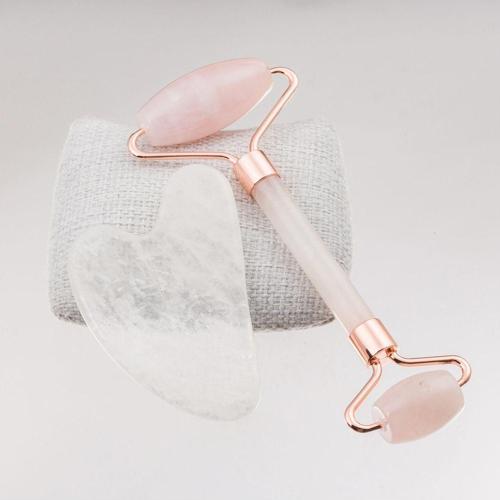 Pembe Ve Kristal Kuvars Taşı Yüz Masaj Aleti Seti-Roller Ve Gua Sha