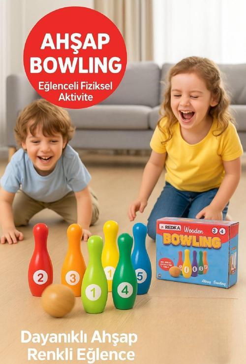 Çocuklar İçin Ahşap Bowling Seti ve Eğitici Ürün El Becersini Geliştirir Motor Beceri Katkı Sağlar