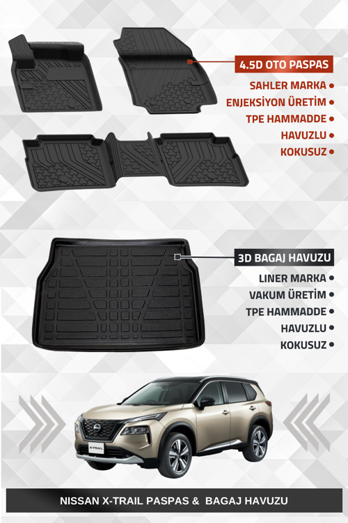 Nissan X-Trail Benzinli 2022+ Uyumlu 4.5D Premium Havuzlu Oto Paspas ve Liner Marka 3D Bagaj Havuzu