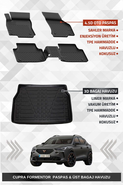 Cupra Formentor 2020-2024 Uyumlu 4.5D Premium Havuzlu Oto Paspas ve Liner Marka 3D ÜST Bagaj Havuzu