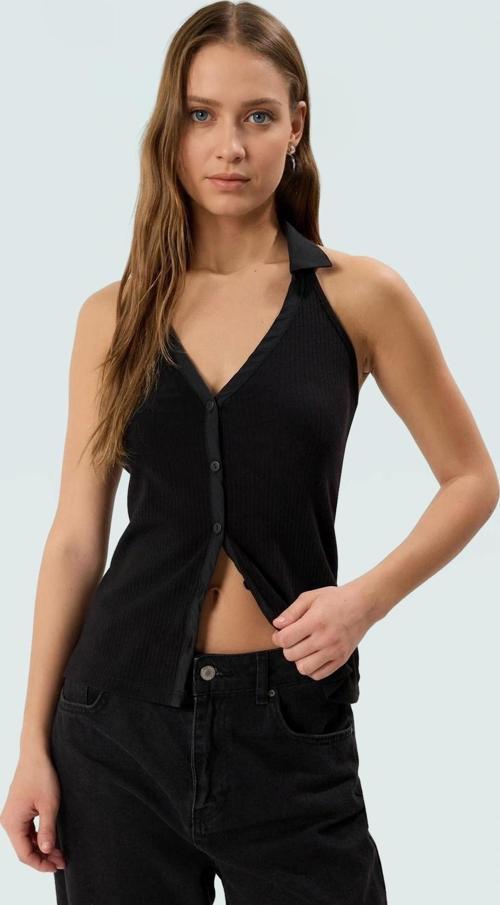 Polo Yaka Fermuarlı Kolsuz Fitted Örme Bluz Yazlık Günlük Premium Kalite Özel Tasarım