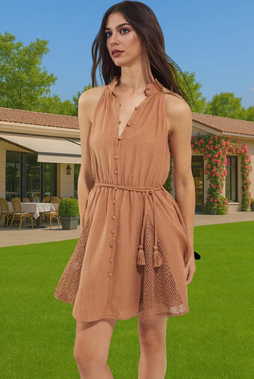 Yazlık Kadın Mini Plaj Elbise Halter Yaka Müslin Dokuma Özel Tasarım Trend Tasarım Uzun Ömürlü
