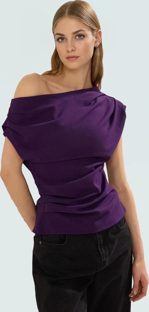 Kadın Asimetrik Yaka Kısa Kollu Örme Bluz Günlük Şık Tarz Rahat Kullanım Zarifane Tasarım