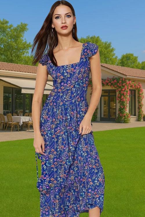 Çiçek Desenli A Kesim Midi Viskoz Elbise Büzgülü Kolsuz Yazlık Dayanıklı Malzeme Profesyonel Görünüm