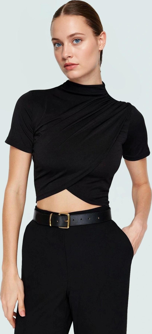 Kadın Kısa Kollu Örme Crop Bluz Dik Yaka Şık Yazlık Rahat Ve Dayanıklı Malzeme