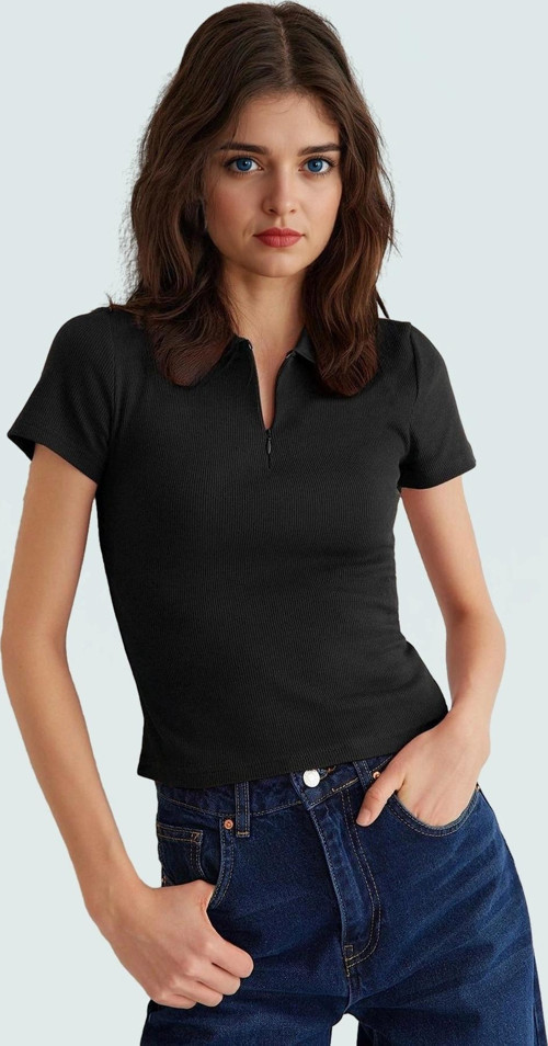 Kadın Fitted Polo Yaka Kısa Kollu Pamuklu Bluz Trend Tasarım Özenle Seçilmiş