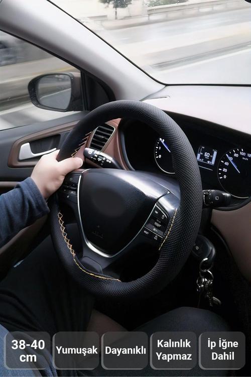 Noktalı Siyah Deri Bej Dikiş Direksiyon Kılıfı