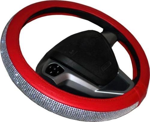 Oto Direksiyon Kılıfı Geçmeli Pırlanta Kaplamalı Kırmızı