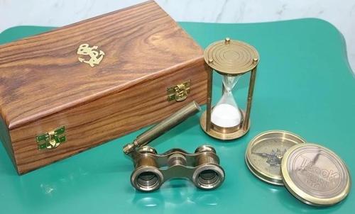 Ahşap Kutulu Pirinç Pusula,kumsaati,dürbün Seti 15682