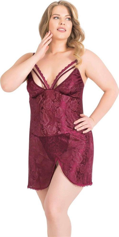Arias Closet Büyük Beden Bordo Kısa Jakarlı Gecelik OZN-14025