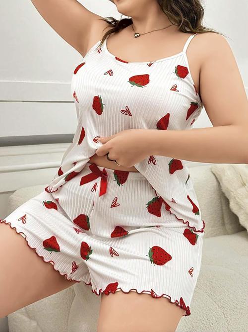 Aria's Closet Büyük Beden Çilek Desen Pamuklu Şortlu Pijama Takımı