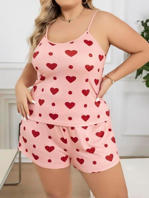 Aria's Closet Büyük Beden Pembe Kalp Desen Pamuklu Şortlu Pijama Takımı