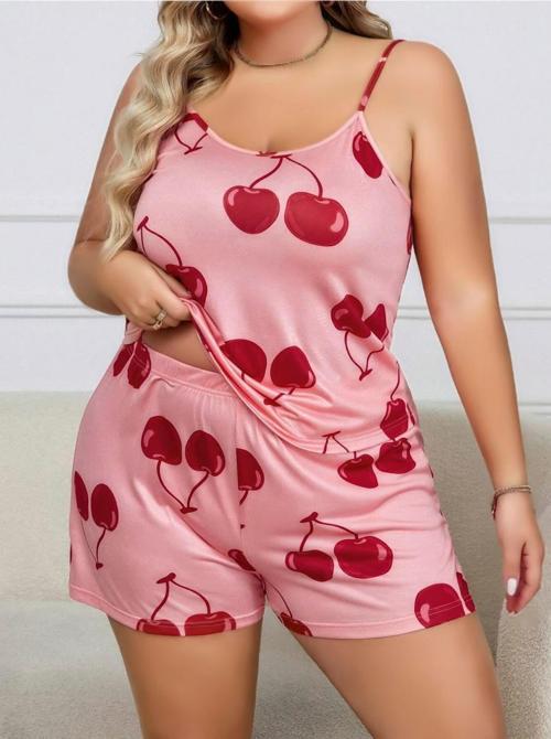 Aria's Closet Büyük Beden Pembe Kiraz Desen İnce Askılı Pamuklu Şortlu Pijama Takımı