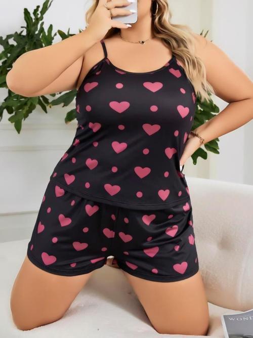 Aria's Closet Büyük Beden Siyah Kalp Desen İnce Askılı Pamuklu Şortlu Pijama Takımı