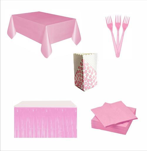 Pembe Masa Örtüsü, Pembe Masa Eteği, 10 adet Peçete, 10 adet Çatal, 8 Adet Mısır Kutusu