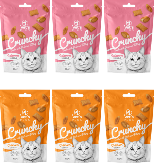 Crunchy Karışık Kedi Ödül Maması 60gr (6 Adet) - Somonlu ve Tavuklu İçi Dolgulu Dışı Çıtır Kedi Ödül
