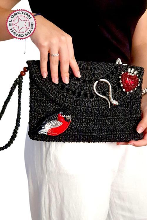 - Sümeyya 2589 7053 El Yapımı Boncuk İşlemeli ve Yılan Aksesuar Detaylı Kağıt İp Clutch Çanta