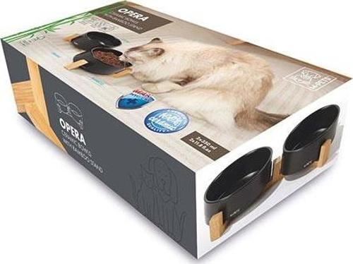Opera Bamboo Standlı Seramik Mama Kabı Siyah 2x350 Ml