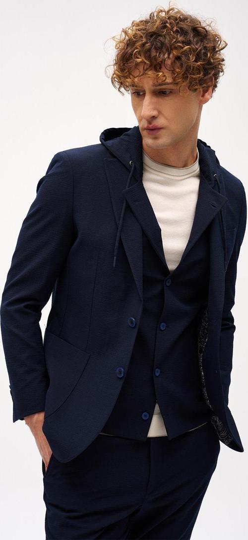 Erkek Lacivert Slim Fit / Dar Kalıp Mono Yaka Kombinli Takım Elbise