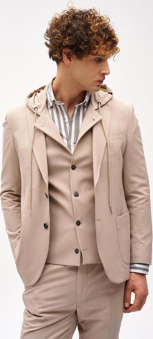 Erkek Bej Slim Fit / Dar Kalıp Mono Yaka Kombinli Takım Elbise