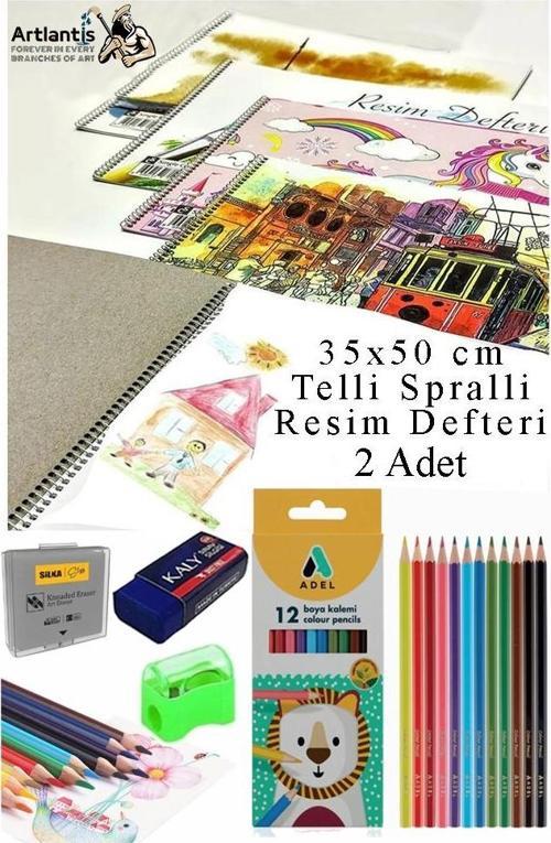 12 Renk Adel Kuru Boya 35x50 cm Telli Spralli Resim Defteri Hamur Silgi Kalemtraş 15 Yaprak Resim Defteri Kuruboya Kalem