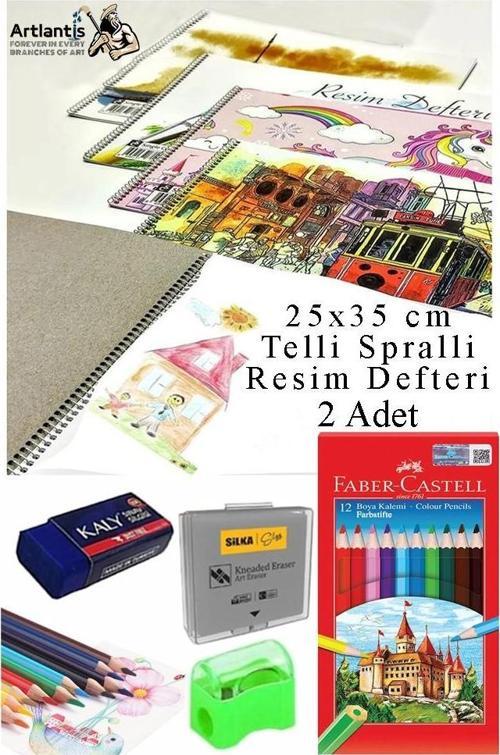 12 Renk Kuru Boya 25x35 cm Telli Spralli Resim Defteri Hamur Silgi Kalemtraş 15 Yaprak Resim Defteri Kuruboya Kalemi