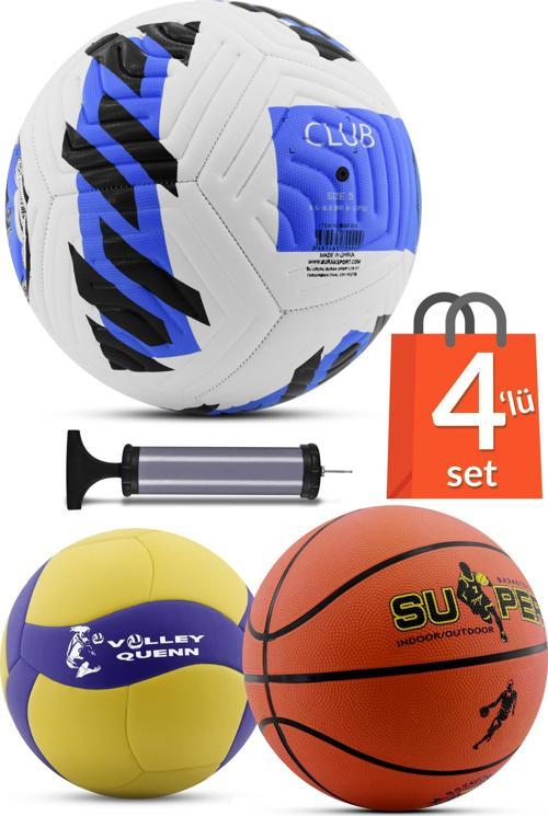 4'LÜ SET Basketbol Voleybol Sert Zemin CLUB Futbol Topu Top Şişirme Pompası Seti Mavi-018