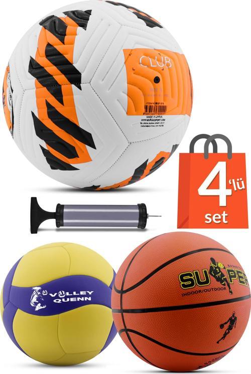 4'LÜ SET Basketbol Voleybol Sert Zemin CLUB Futbol Topu Top Şişirme Pompası Seti Turuncu-018