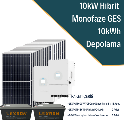 Güneş Enerjisi Hibrit Solar Paket 2X 5Kw Monofaze İnverter + 18X 600W Güneş Paneli + 2X 48V 100Ah Lityum Akü
