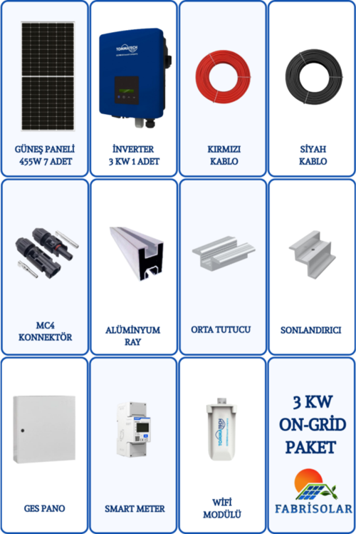 Güneş Enerjisi On Grid 3Kw Monofaze Solar Paket Sistemi