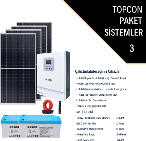 Güneş Enerjisi Bağevi Hazır Solar Paket - 3Kw Mppt Akıllı İnverter + 4X 600W Güneş Paneli+ 2X 12V 210Ah Jel Akü