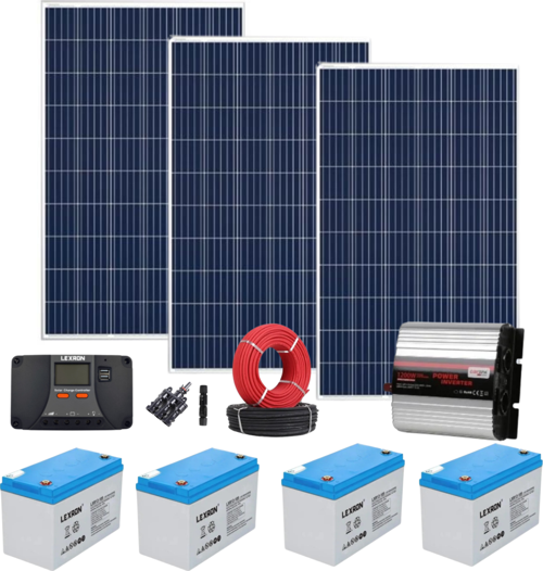 Güneş Enerjisi Bağevi Solar Paket – 1200W Modifiye Sinüs İnverter + 3X 285W Güneş Paneli + 4X 12V 100Ah Jel Akü