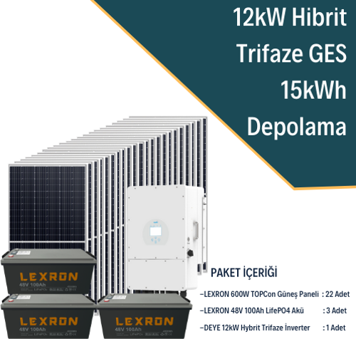Güneş Enerjisi Hibrit Solar Paket 12Kw Trifaze İnverter + 22X 600W Güneş Paneli + 3X 48V 100Ah Lityum Akü