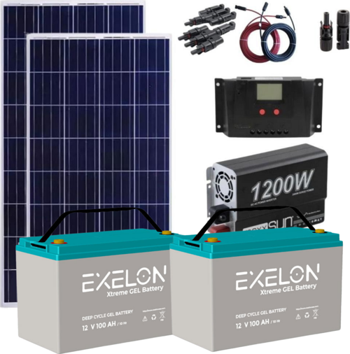 Güneş Enerjisi TV + Mini Buzdolabı + Aydınlatma Paketi – 1200W İnverter + 2x 240W Güneş Paneli 2x 100AH Jel Akü
