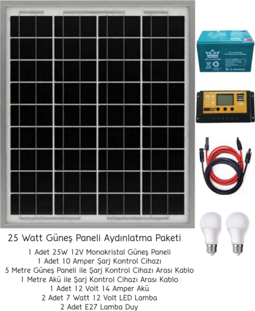 Güneş Enerjisi Aydınlatma Paketi – 1x 10AH Şarj Kontrol Cihazı + 1x 25W Güneş Paneli +1x 12V 14AH Akü