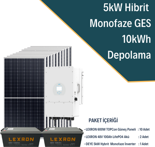 Güneş Enerjisi Hibrit Solar Paket 5Kw Monofaze İnverter + 10X 600W Güneş Paneli + 2X 48V 100Ah Lityum Akü