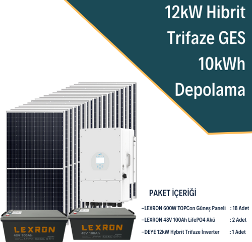 Güneş Enerjisi Hibrit Solar Paket 12Kw Trifaze İnverter + 18X 600W Güneş Paneli + 2X 48V 100Ah Lityum Akü