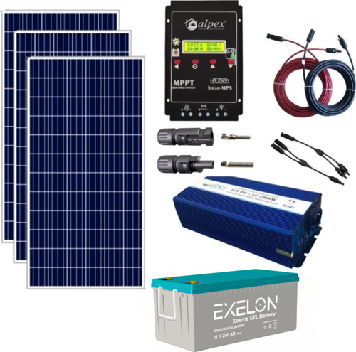 Güneş Enerjisi Bağ Evi Solar Paket – 1000W TamSinusİnverter + 3x 220W Güneş Paneli + 1x 12V 200AH Jel Akü