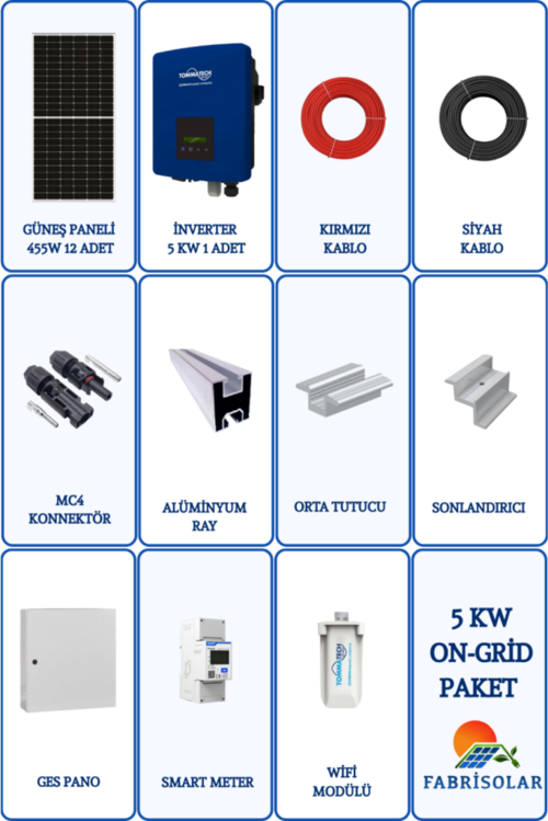 Güneş Enerjisi On Grid 5Kw Monofaze Solar Paket Sistemi