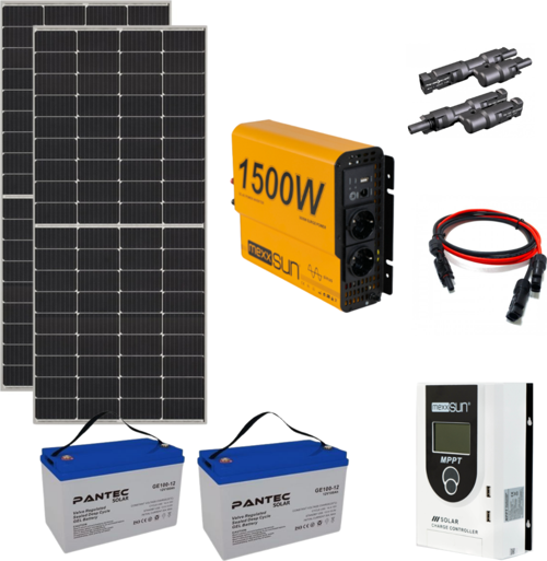 Güneş Enerjisi Karavan Plus Paket – 1.5Kw Tam Sinus İnverter + 2X 250W Güneş Paneli – 2X 12V 100Ah Jel Akü