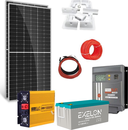 Güneş Enerjisi Karavan Prime Paket – 1Kw Tam Sinus İnverter + 2X 200W Güneş Paneli +1X 12V 200A Jel Akü