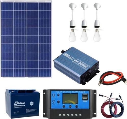 Güneş Enerjisi TV+ Aydınlatma Paketi - 300W ModifiyeSinus İnverter + 1x 12V 105W Güneş Paneli +1x 12V 40AH Jel Akü