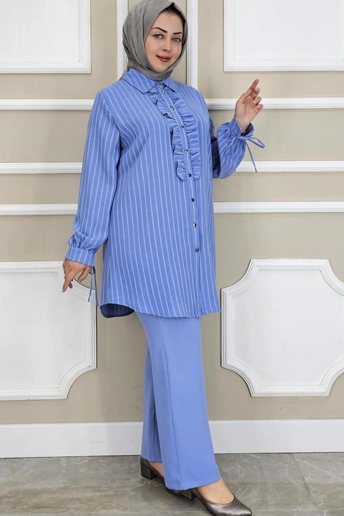 KADIN ÇİGİLİ FIRFIRLI GÖMLEK PANTOLON TESETTÜR TAKIM