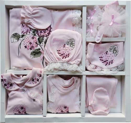 Pembe Natural Işlemeli Çiçek Desenli  Hastane Çıkış Seti 10'Lu