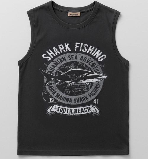 Erkek %100 Pamuk Bisiklet Yaka Shark Baskılı Kolsuz T-shirt