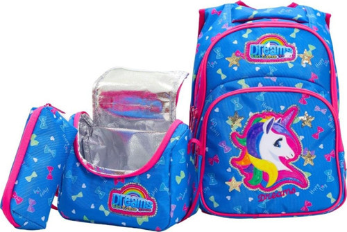3 Lü Ortaokul Çanta Seti İlkokul Çantası Komple Astarlı Unicorn Mavi