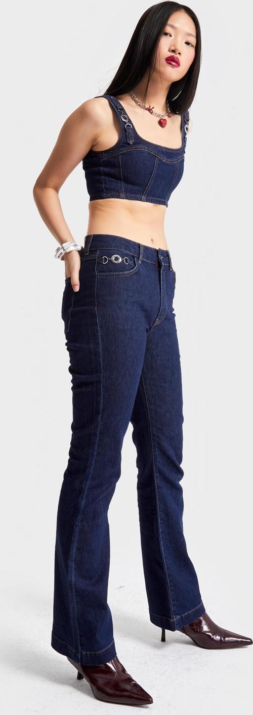 Kadın Lacivert Renk 19w5-33 Yüksek Bel Flare Fit Aksesuar Detaylı Esnek Kumaş Tasarım Denim Jean